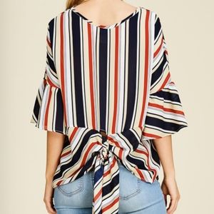 Back Knot Ruffle Sleeves Striped Top